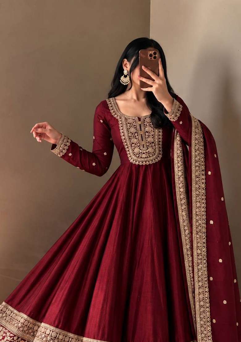Maroon Embroidery Roman Gown Set - Indya