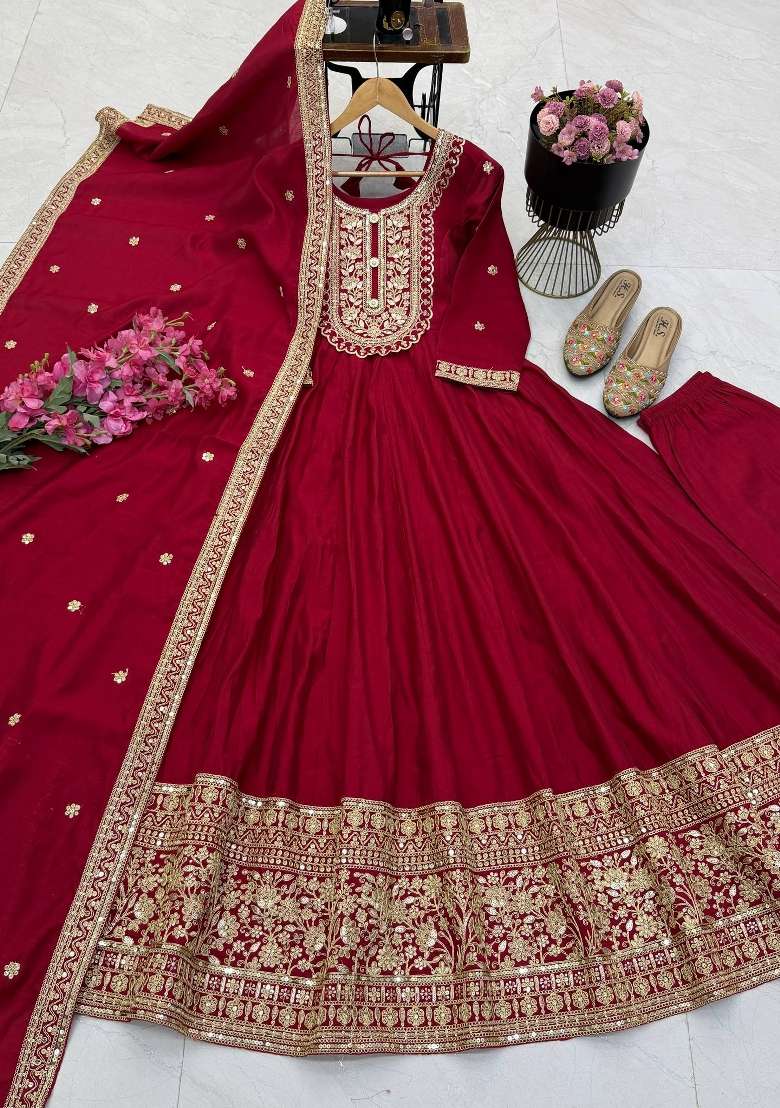 Maroon Embroidery Roman Gown Set - Indya