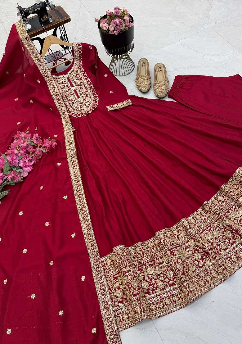 Maroon Embroidery Roman Gown Set - Indya