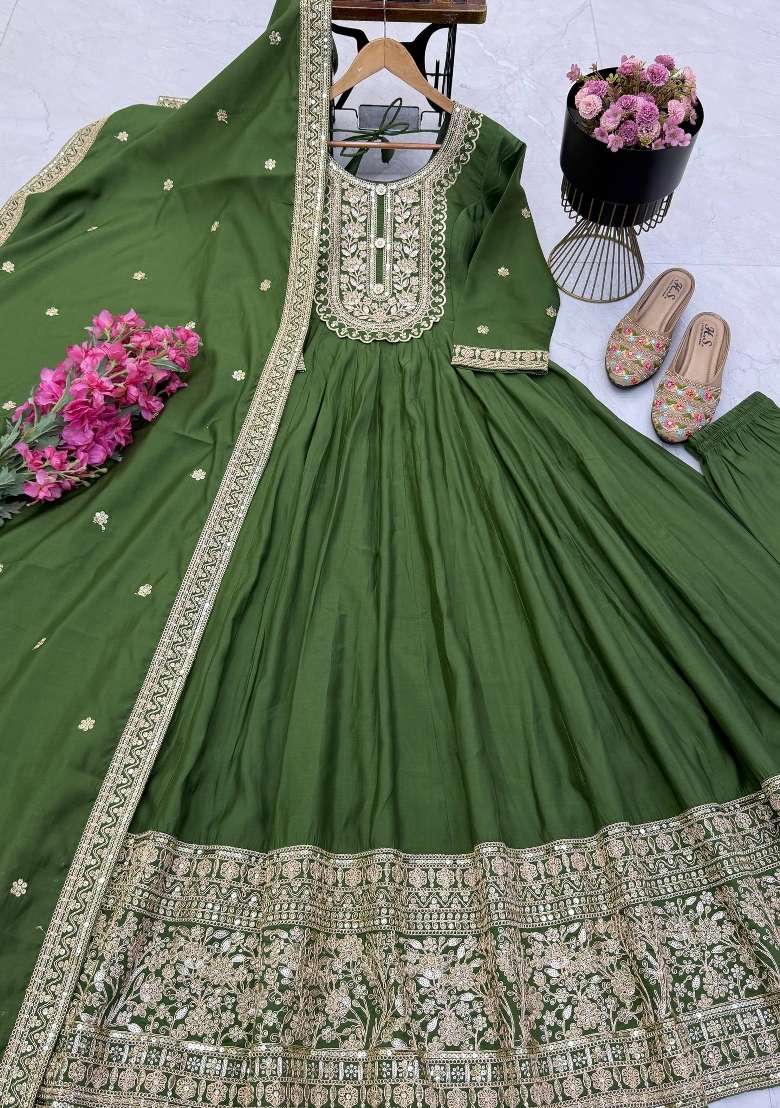Mehendi Embroidery Roman Gown Set - Indya