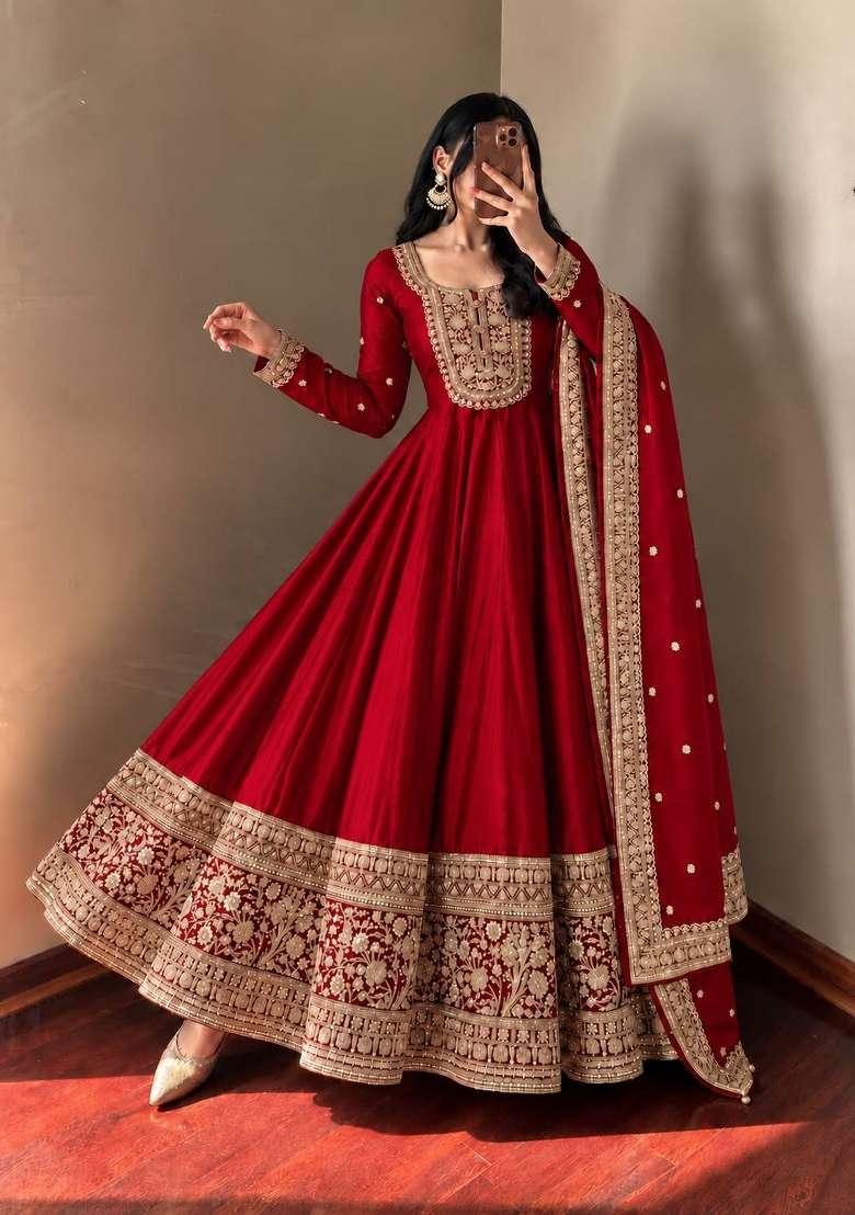 Red Embroidery Roman Gown Set - Indya