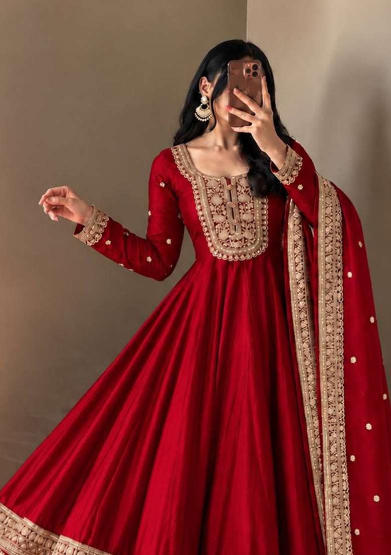 Red Embroidery Roman Gown Set - Indya