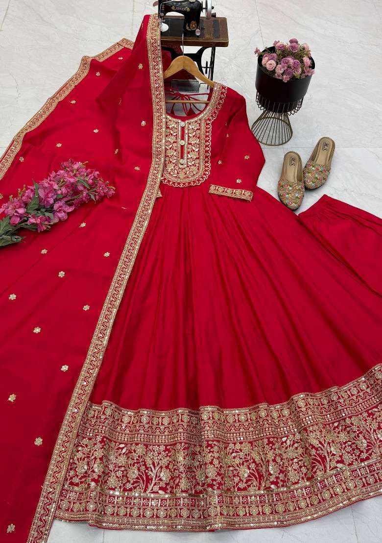 Red Embroidery Roman Gown Set - Indya