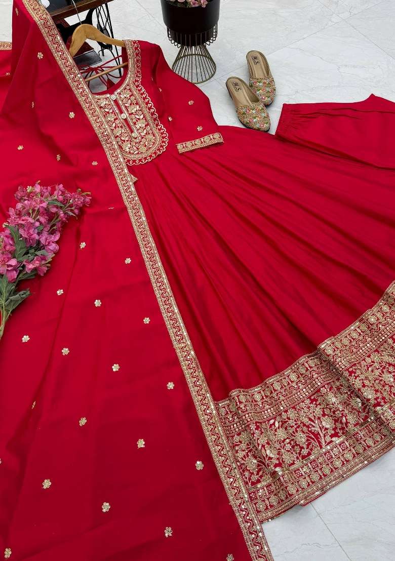 Red Embroidery Roman Gown Set - Indya