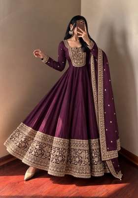 Wine Embroidery Roman Gown Set
