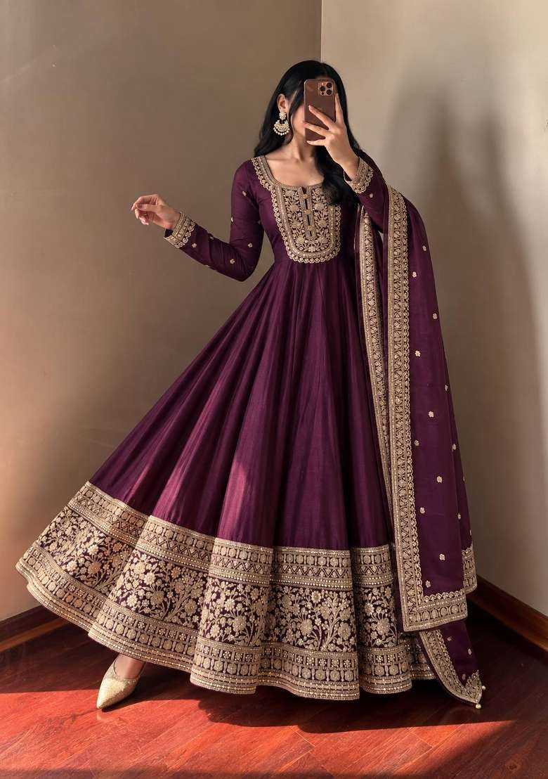 Wine Embroidery Roman Gown Set - Indya