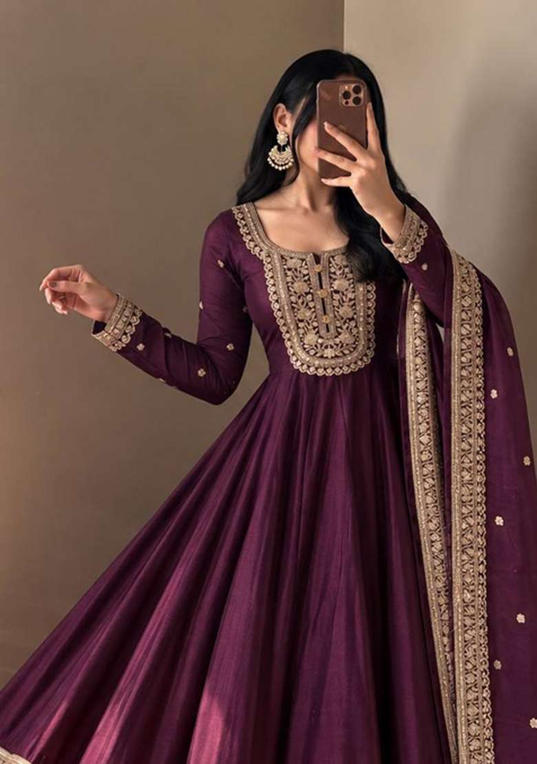 Wine Embroidery Roman Gown Set - Indya