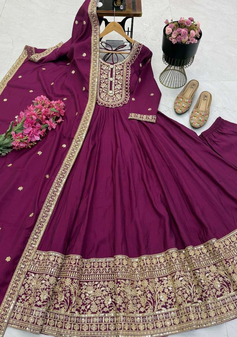 Wine Embroidery Roman Gown Set - Indya