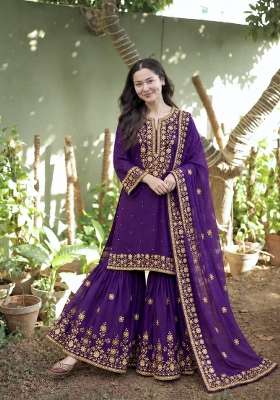 Purple Embroidery Silk Palazzo Set