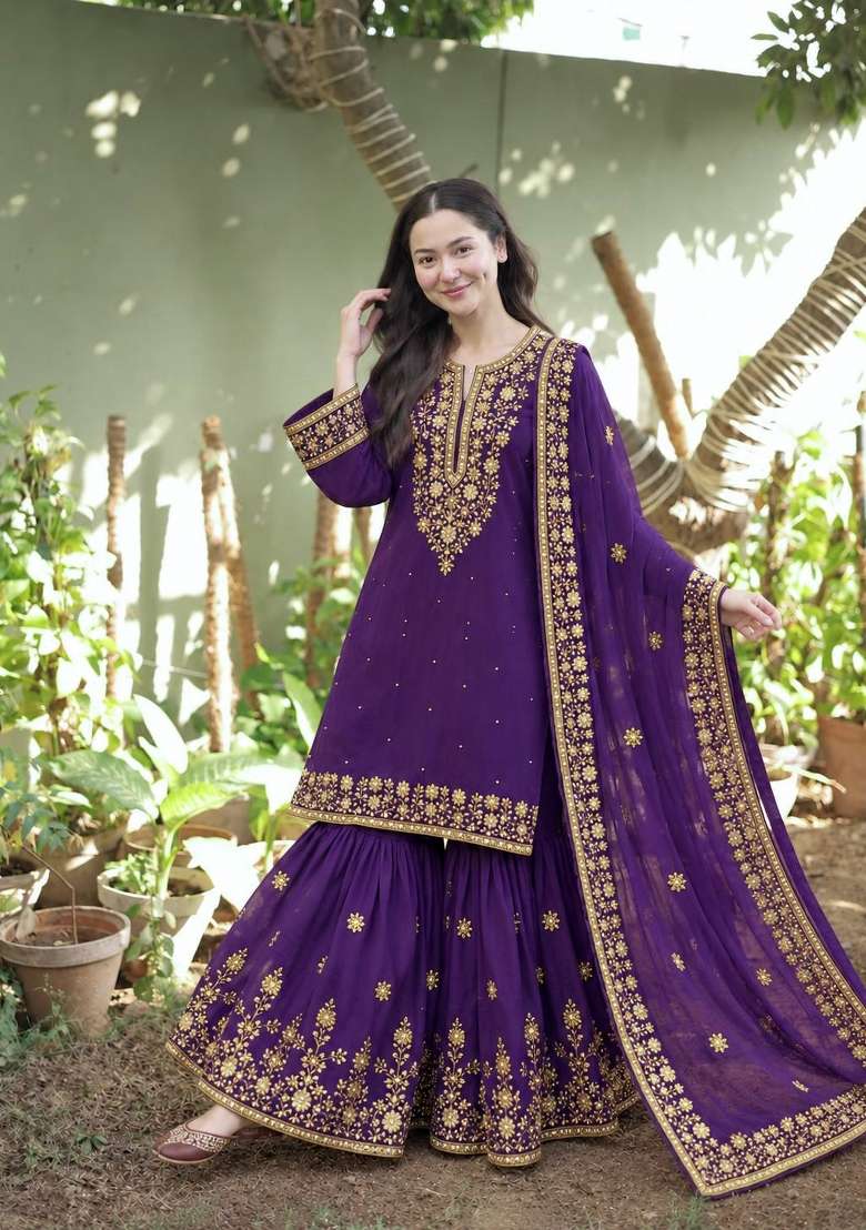 Purple Embroidery Silk Palazzo Set - Indya