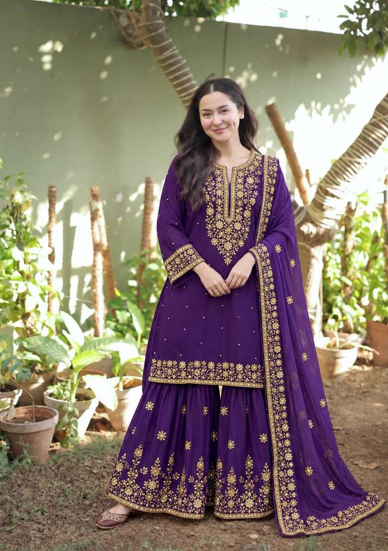 Purple Embroidery Silk Palazzo Set - Indya