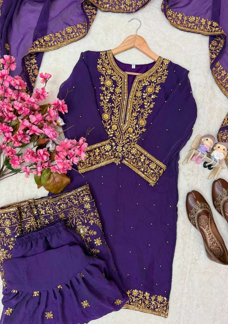 Purple Embroidery Silk Palazzo Set - Indya