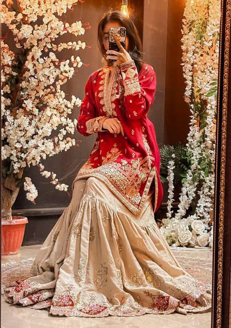 Red Embroidery Fuax Georgette Palazzo Set - Indya