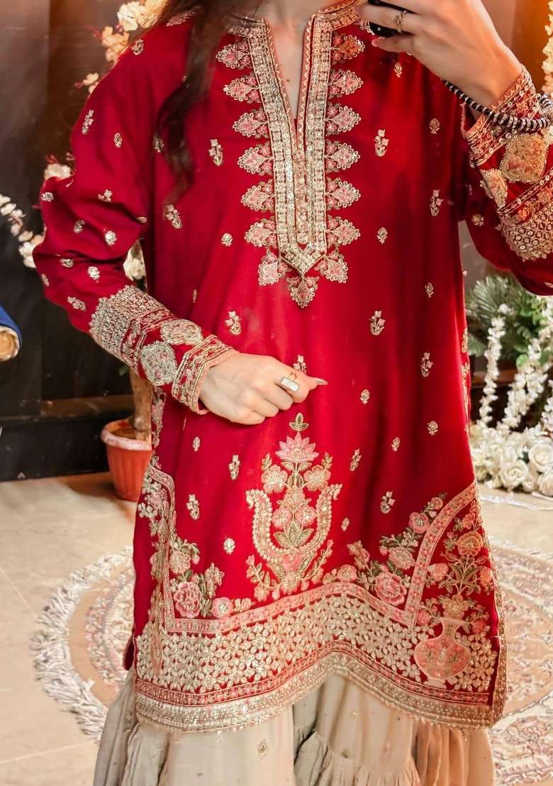 Red Embroidery Fuax Georgette Palazzo Set - Indya
