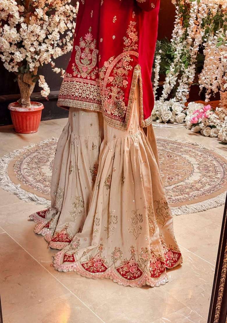Red Embroidery Fuax Georgette Palazzo Set - Indya