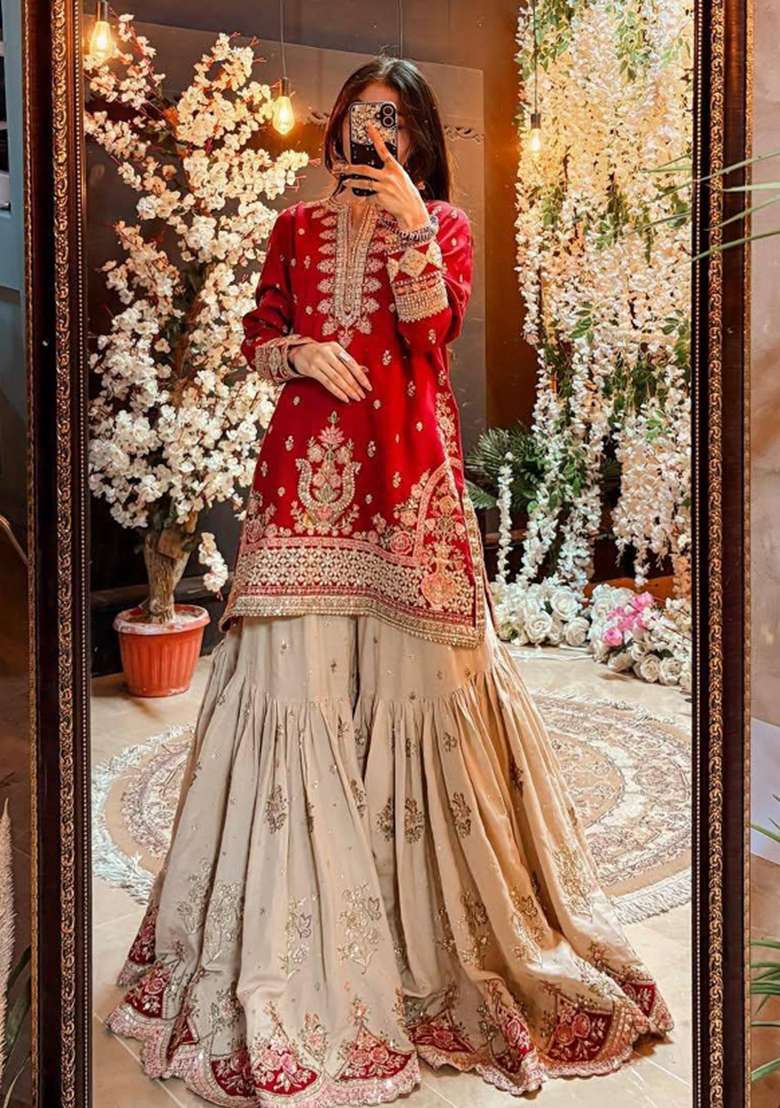 Red Embroidery Fuax Georgette Palazzo Set - Indya