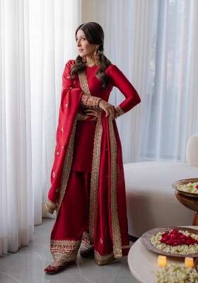 Maroon Embroidery Silk Palazzo Set