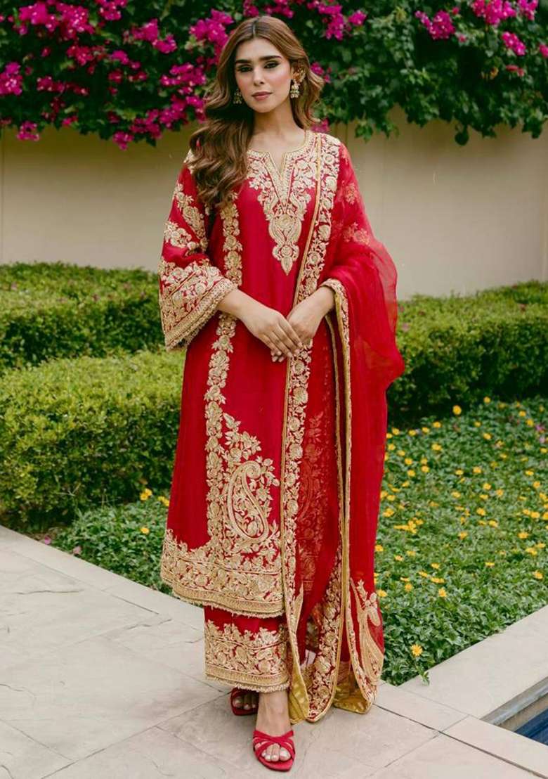 Red Embroidery Fuax Georgette Palazzo Set - Indya