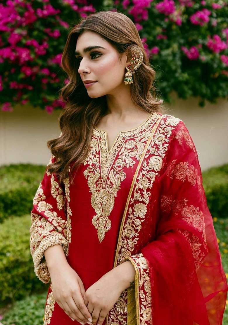 Red Embroidery Fuax Georgette Palazzo Set - Indya