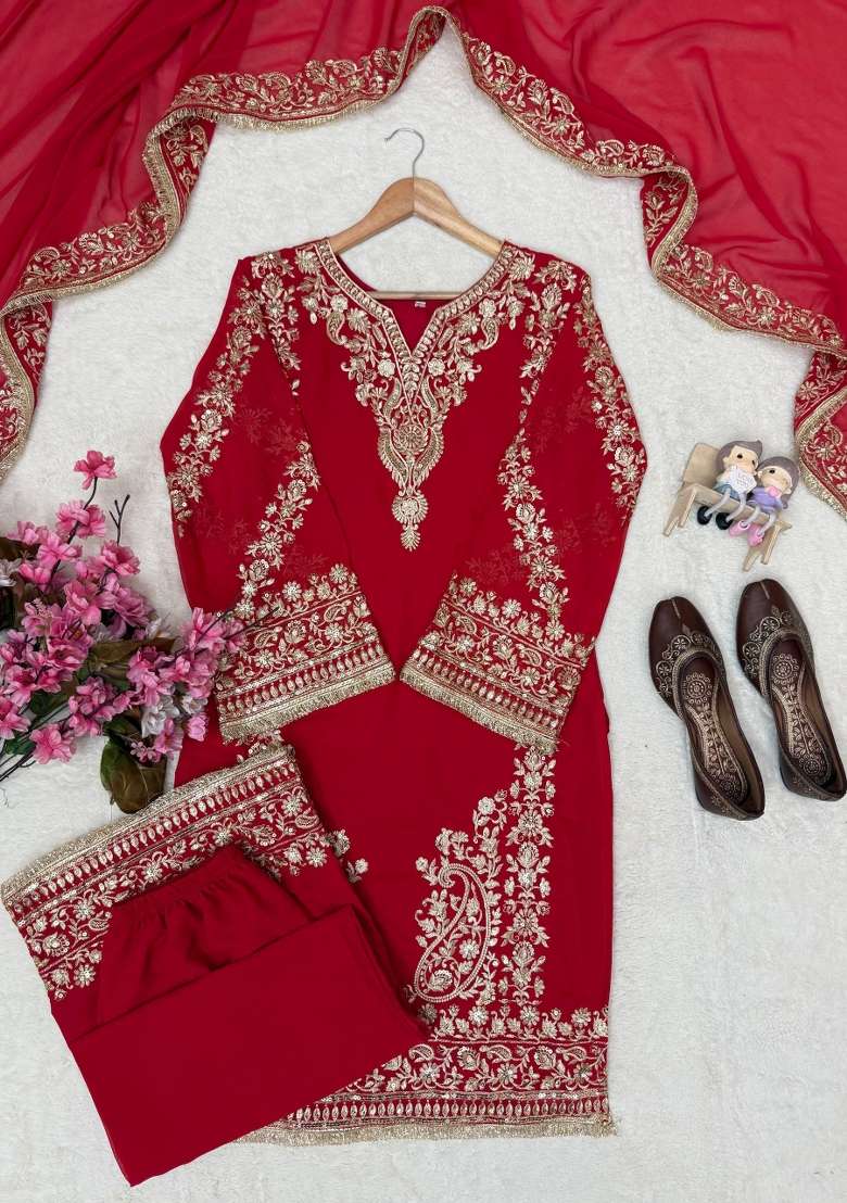 Red Embroidery Fuax Georgette Palazzo Set - Indya