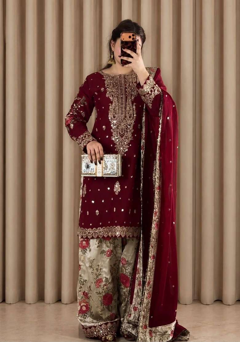Maroon Embroidery Crepe Palazzo Set - Indya