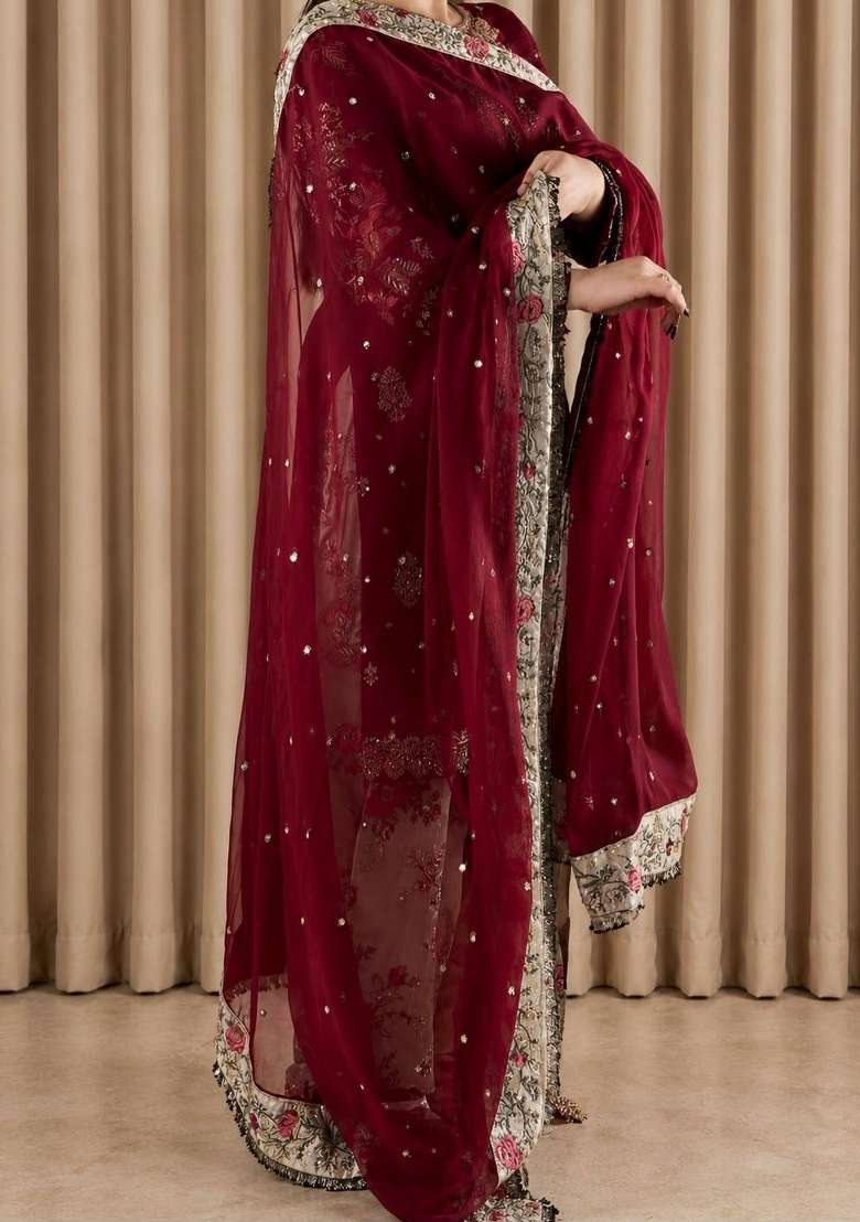 Maroon Embroidery Crepe Palazzo Set - Indya