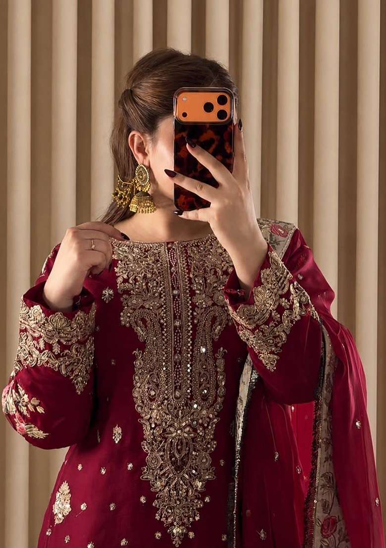 Maroon Embroidery Crepe Palazzo Set - Indya