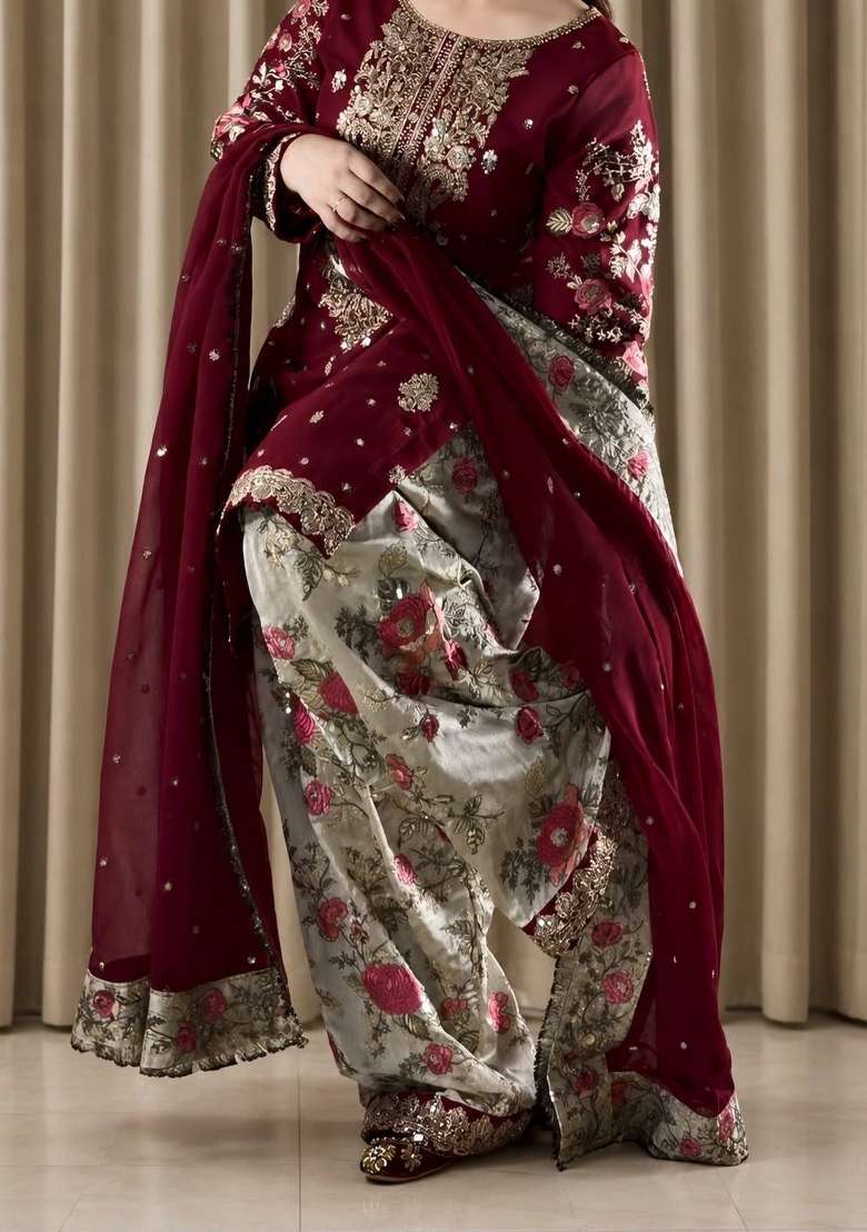 Maroon Embroidery Crepe Palazzo Set - Indya