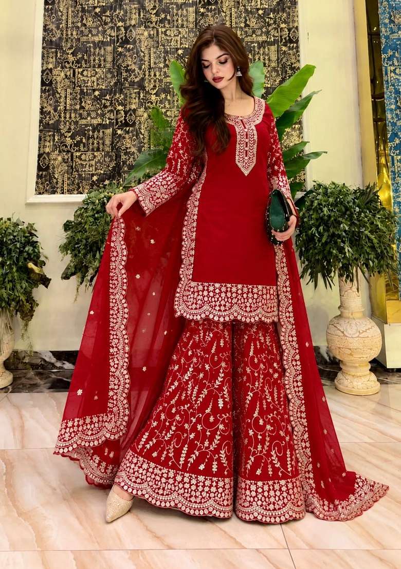 Maroon Embroidery Fuax Georgette Palazzo Set - Indya