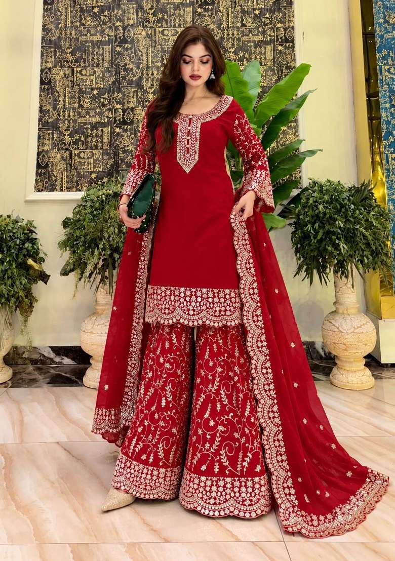 Maroon Embroidery Fuax Georgette Palazzo Set - Indya