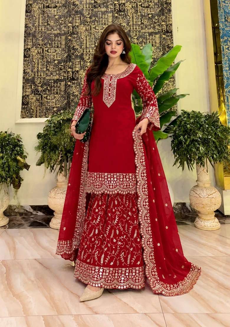 Maroon Embroidery Fuax Georgette Palazzo Set - Indya