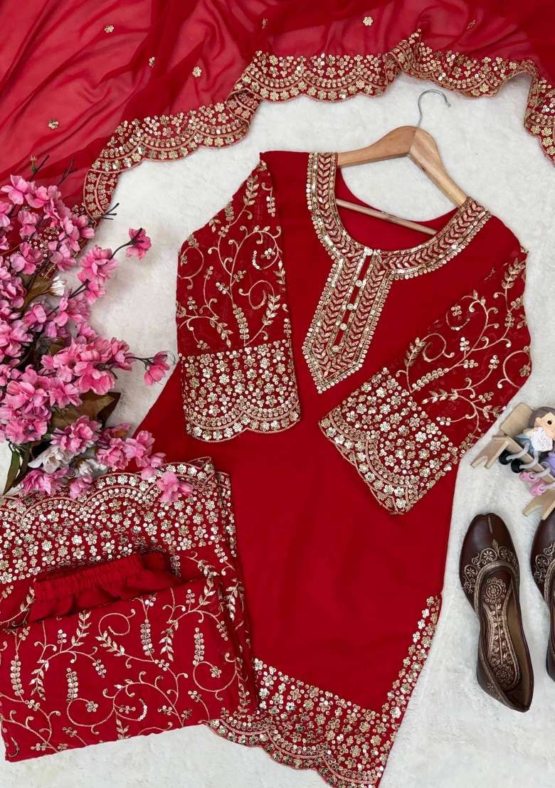 Maroon Embroidery Fuax Georgette Palazzo Set - Indya