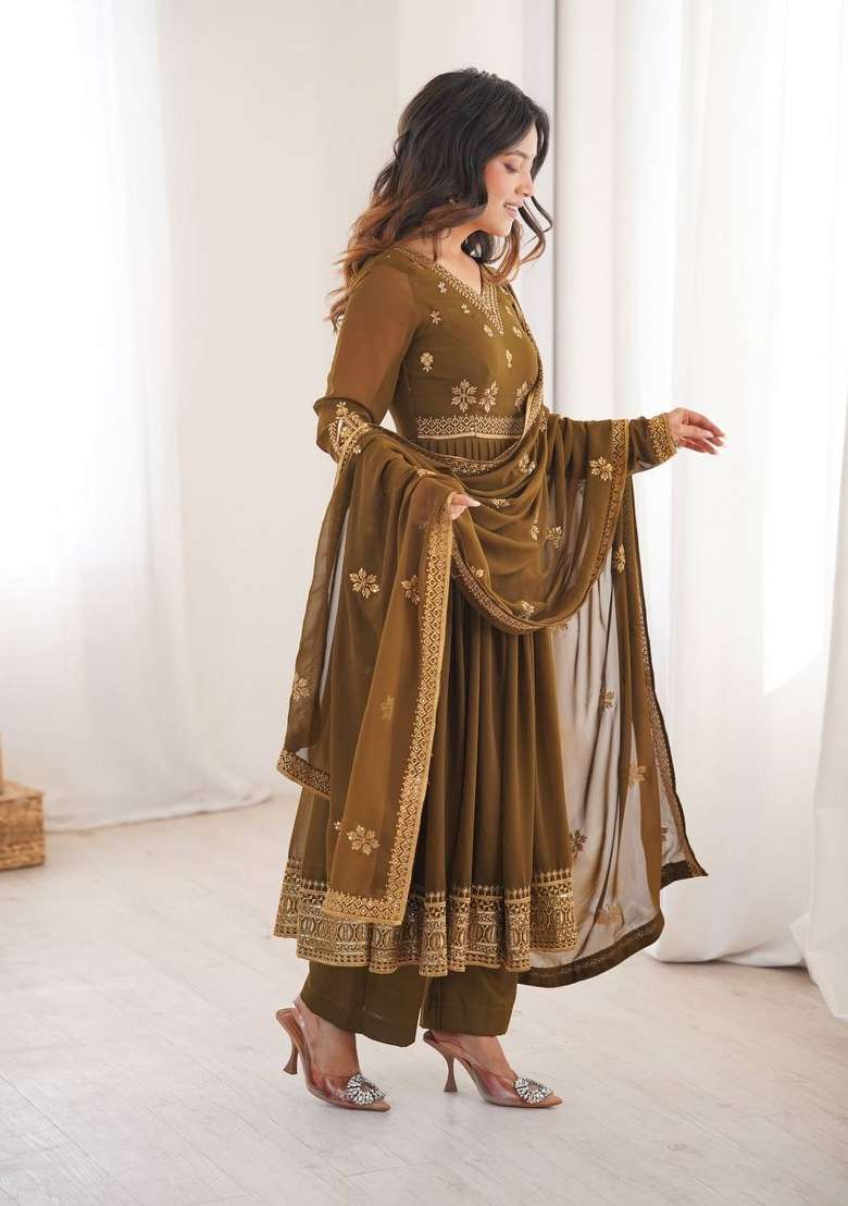 Mehendi Embroidery Georgette Gown Set - Indya