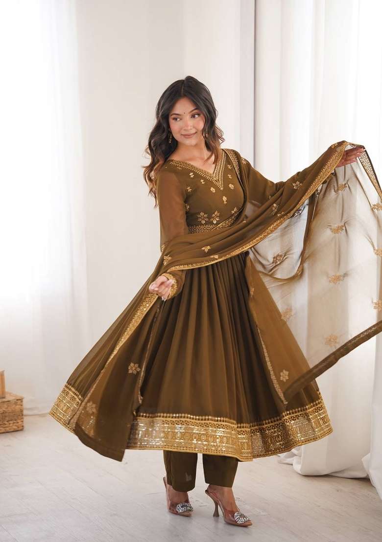 Mehendi Embroidery Georgette Gown Set - Indya