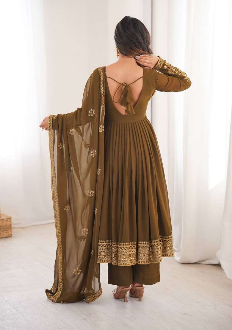 Mehendi Embroidery Georgette Gown Set - Indya