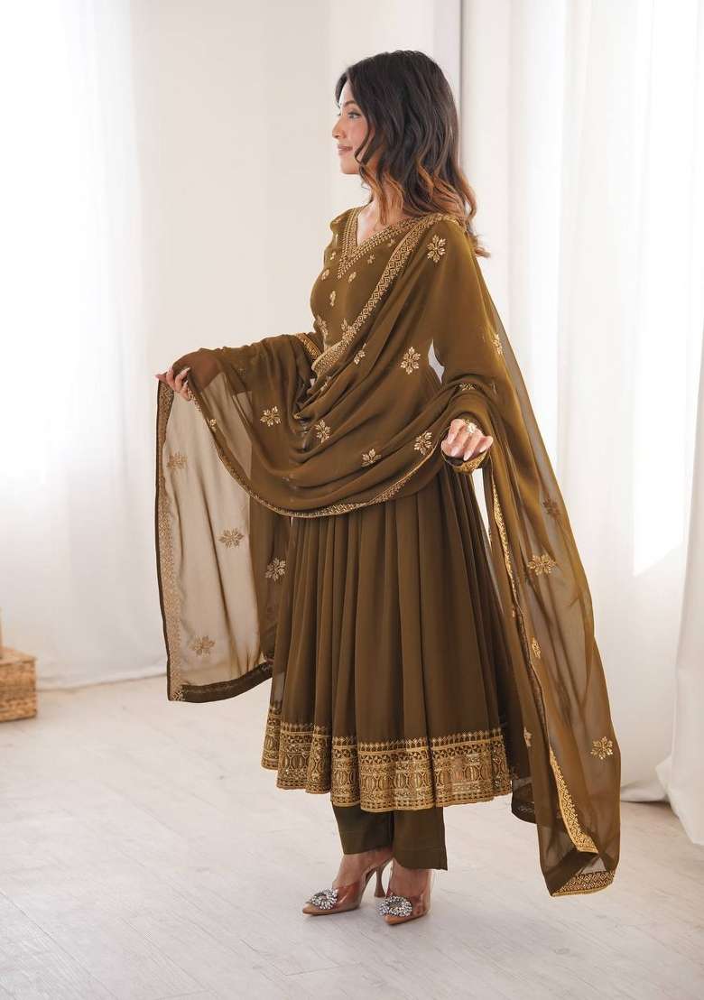Mehendi Embroidery Georgette Gown Set - Indya