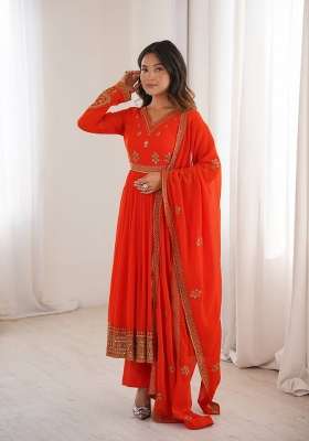 Orange Embroidery Georgette Gown Set