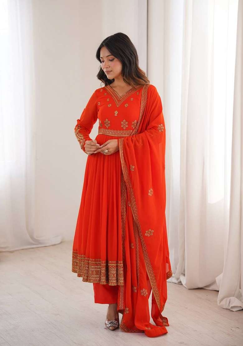 Orange Embroidery Georgette Gown Set - Indya