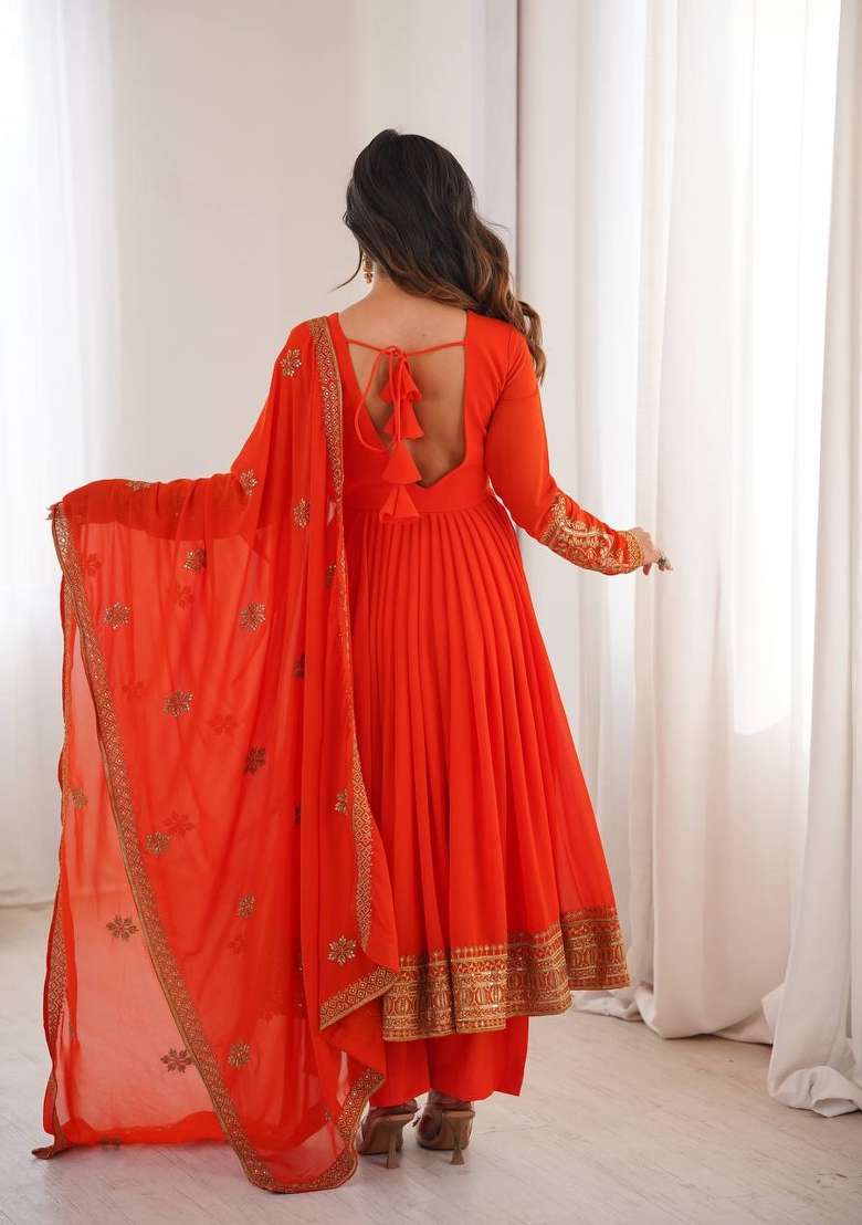 Orange Embroidery Georgette Gown Set - Indya