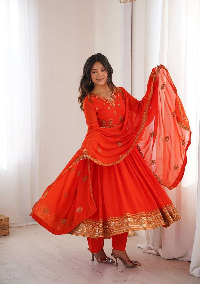Orange Embroidery Georgette Gown Set - Indya