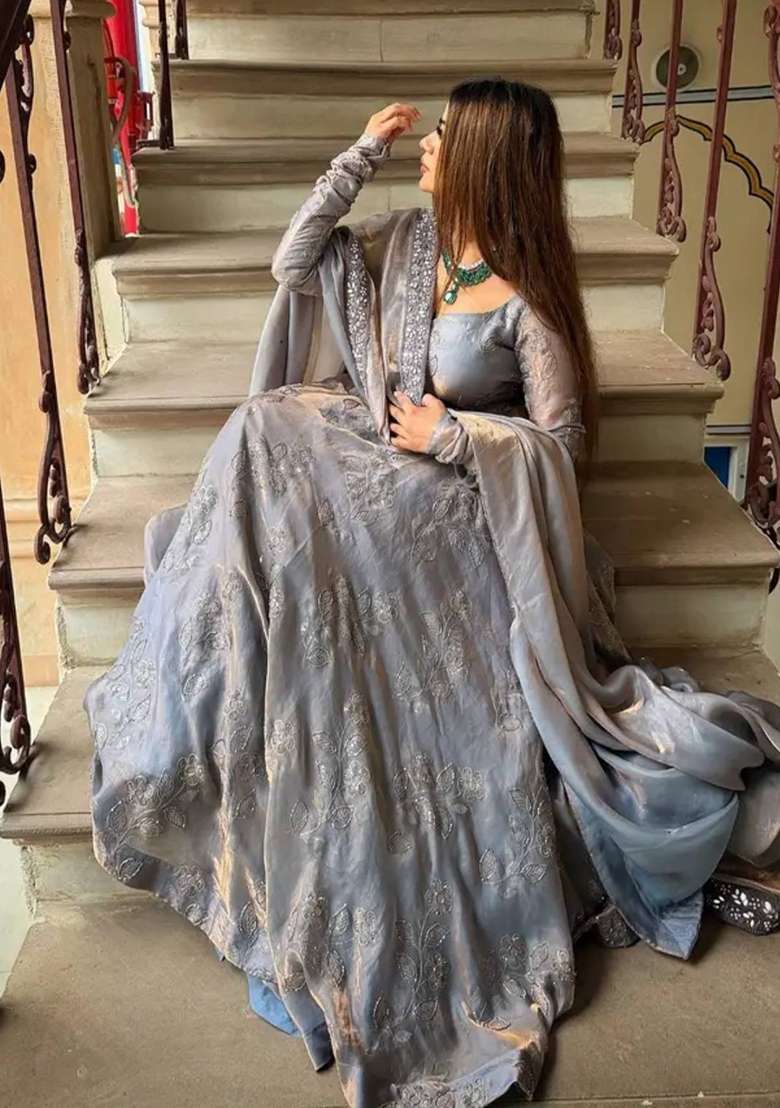 Grey Embroidery Fendi Palazzo Set - Indya