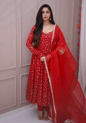 Red Embroidery Georgette Palazzo Set