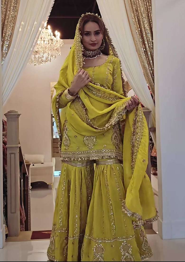 Yellow Embroidery Chinon Palazzo Set - Indya
