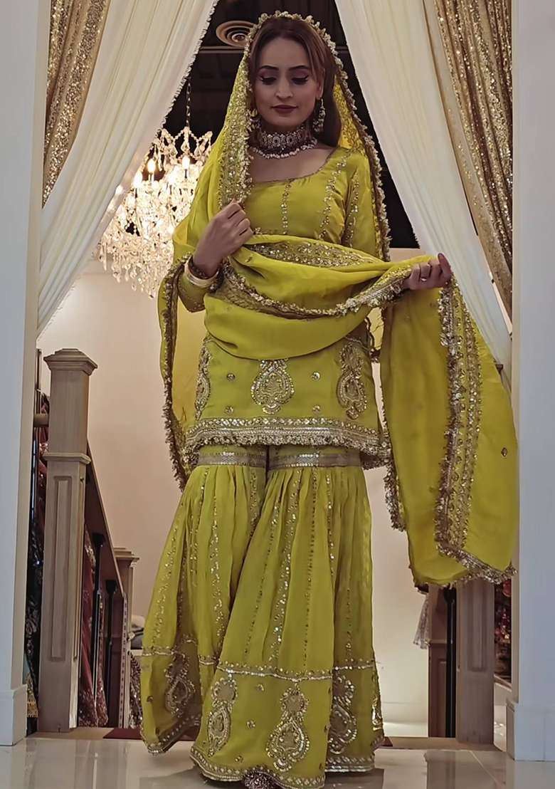 Yellow Embroidery Chinon Palazzo Set - Indya