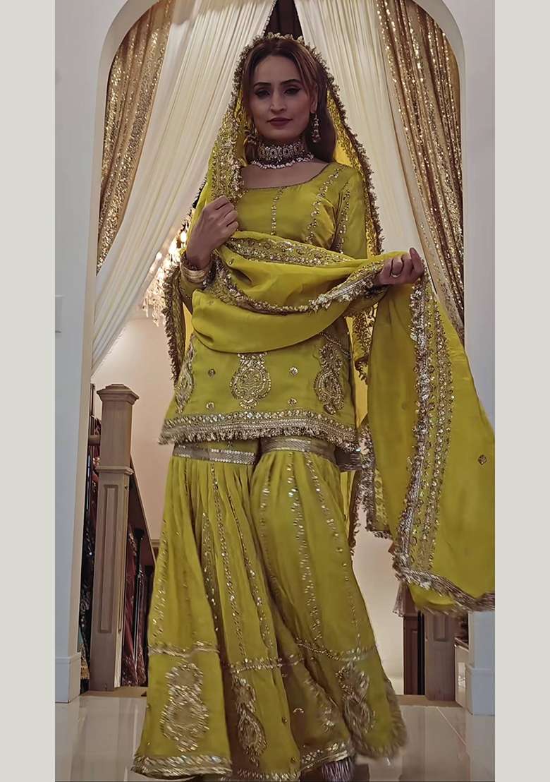 Yellow Embroidery Chinon Palazzo Set - Indya