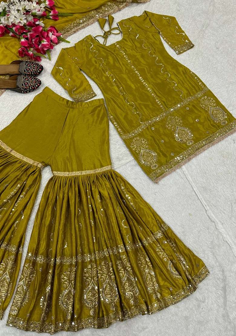 Yellow Embroidery Chinon Palazzo Set - Indya