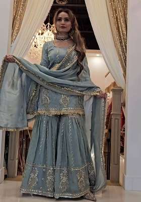 Grey Embroidery Chinon Palazzo Set