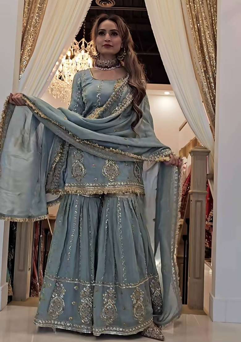 Grey Embroidery Chinon Palazzo Set - Indya