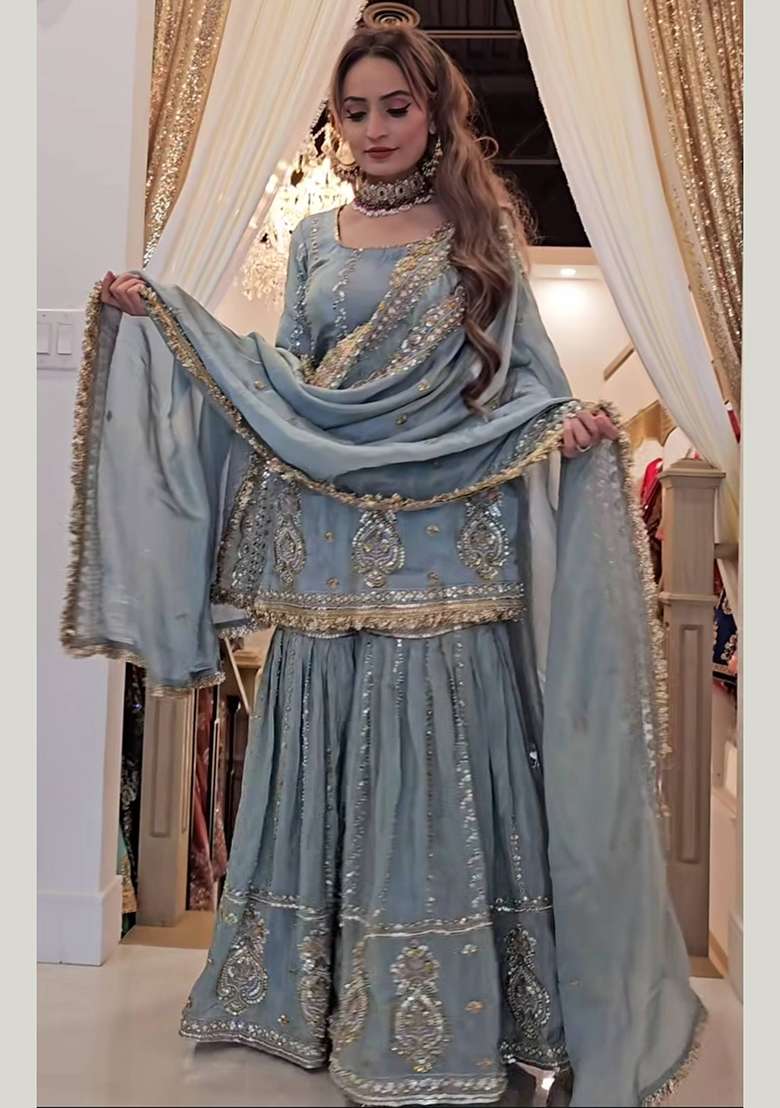 Grey Embroidery Chinon Palazzo Set - Indya