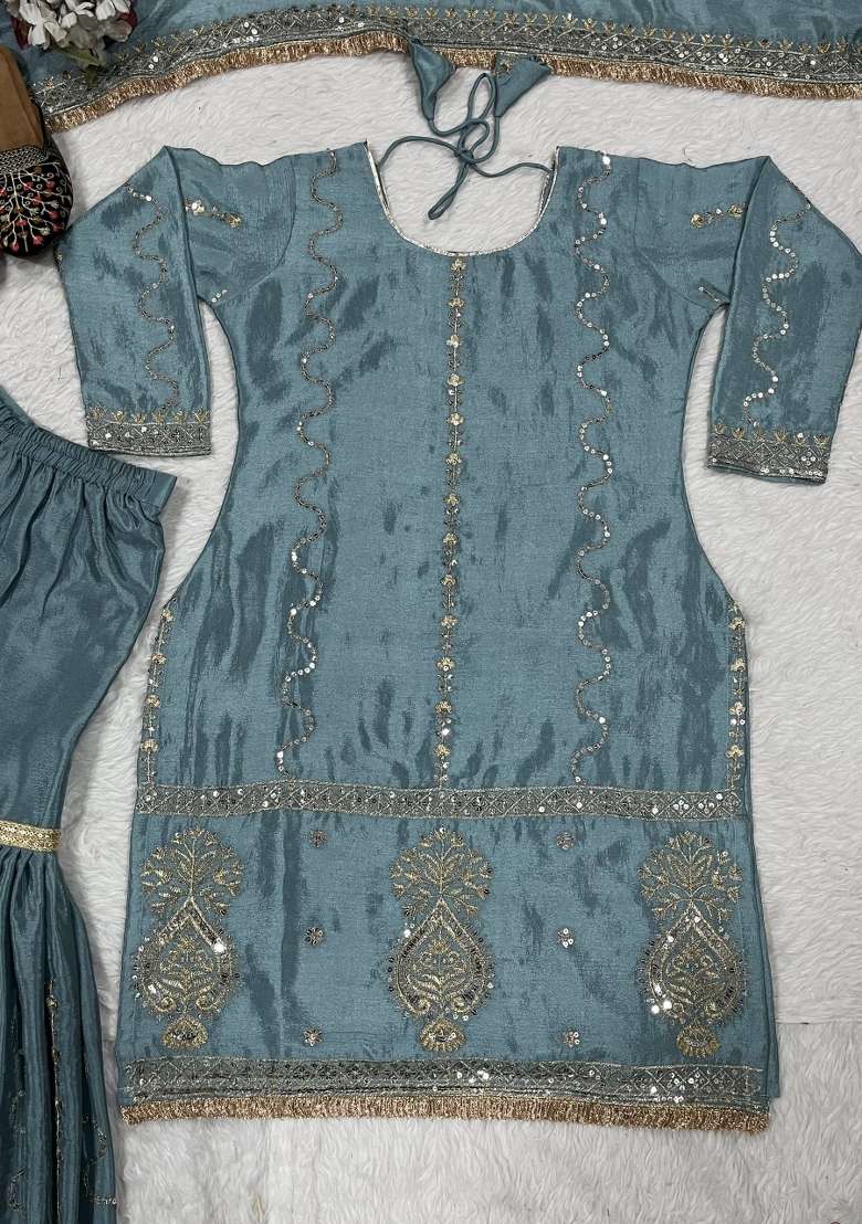 Grey Embroidery Chinon Palazzo Set - Indya
